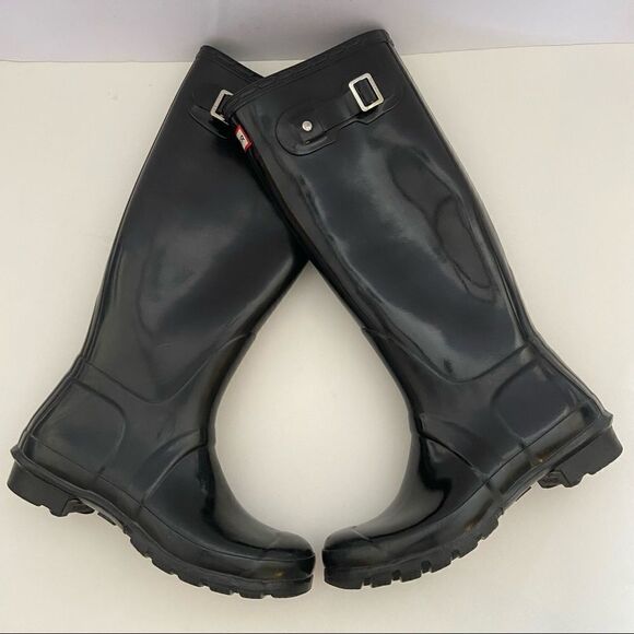 Hunter Original Tall Gloss Black Rain Boots Size 7 - Picture 1 of 11